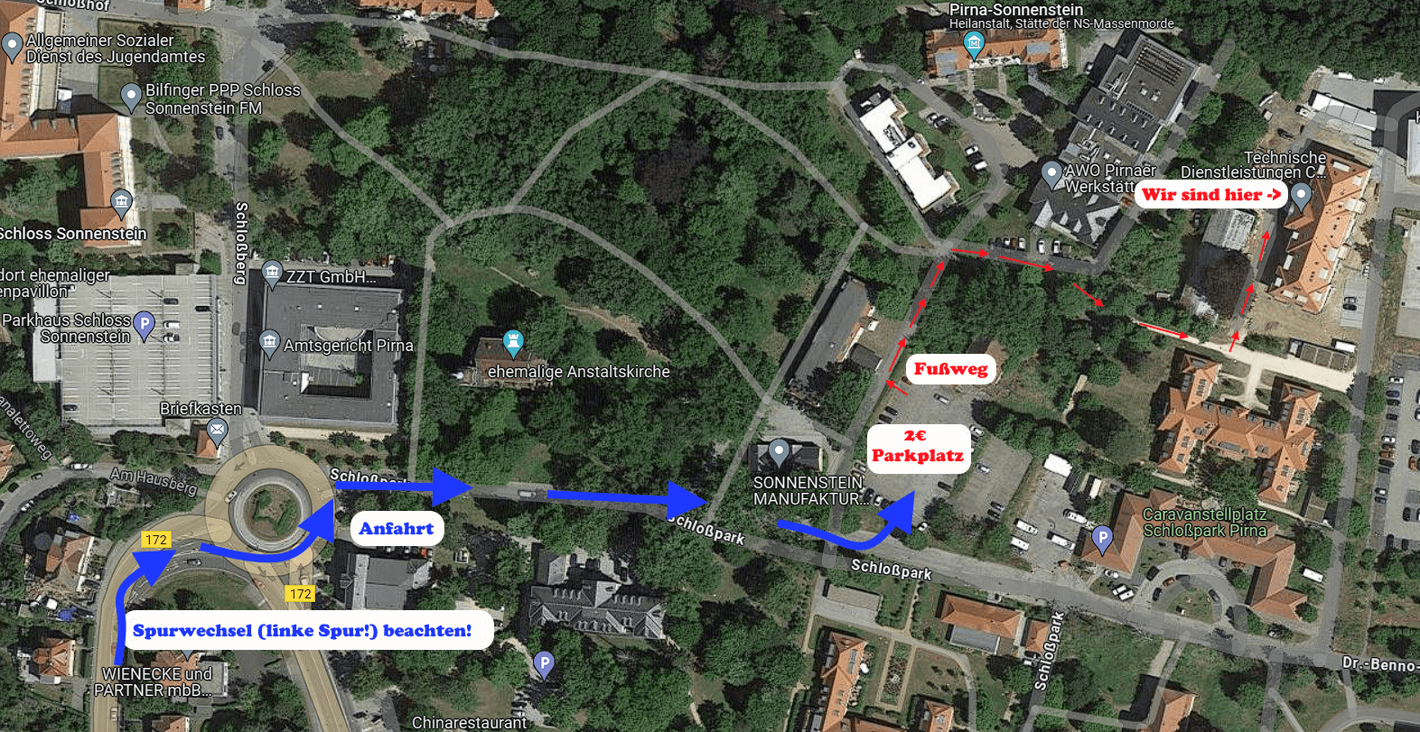 Anfahrtsskizze mit Zufahrt zum öffentlichen Parkplatz und anschließendem Fußweg zu Technische Dienstleistungen Clemens Wießner im Schloßpark 14a
